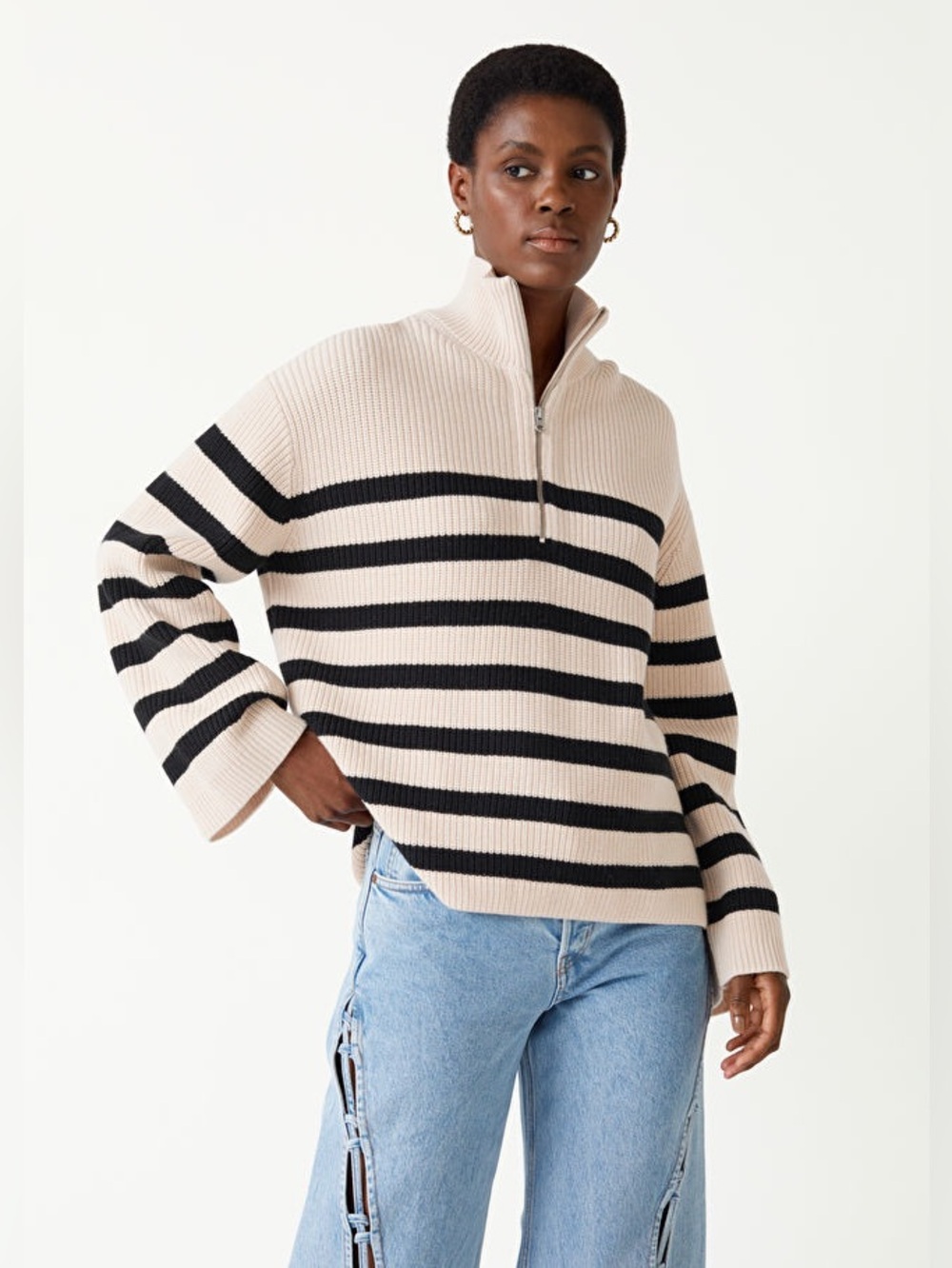 & Other Stories Half Zip Ribbed Sweater Black White Striped Size S